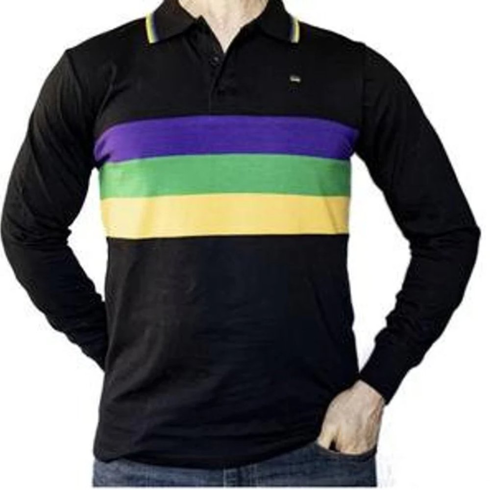 Mardi Gras Adult Black Long Sleeve Polo Shirt With Purple Green and Gold Stripes